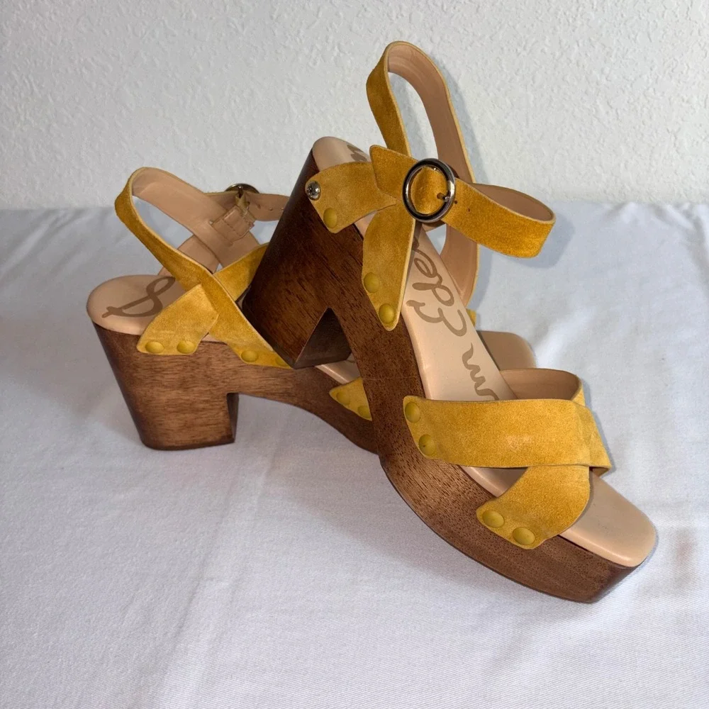 Sam Edelman Josephine platform Sandals 8.5 Mustard Yellow Suede Wood Block Heel